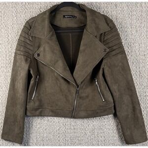 Apperloth A Faux Suede Moto Jacket Size L Olive Green Biker Ribbed Zip Cropped